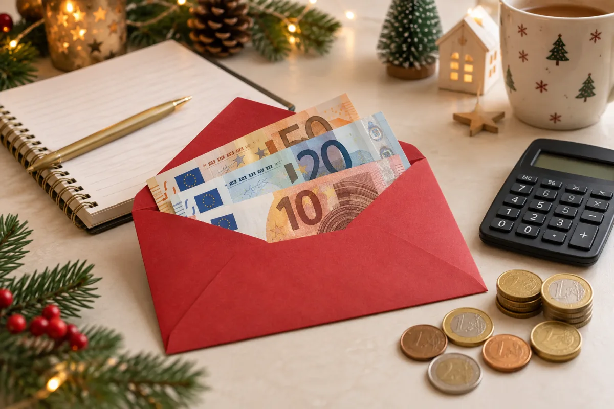Enveloppe rouge avec billets en euros, calculatrice et décorations de Noël pour illustrer la prime de Noël 2026
