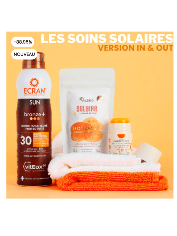Soins solaires Ecran Bronze+ Valebio complexe solaire stick solaire serviette éponge