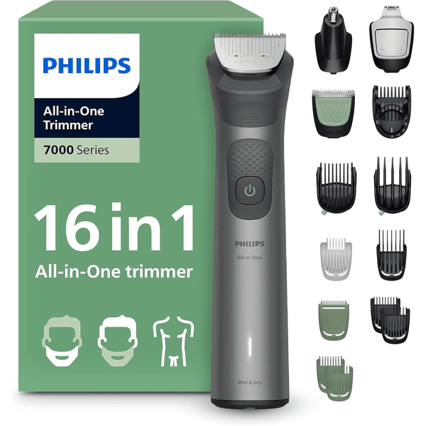 Philips Multigroom série 7000 tondeuse tout en un 16 accessoires barbe cheveux corps lames métal auto-affûtées 21 hauteurs coupe