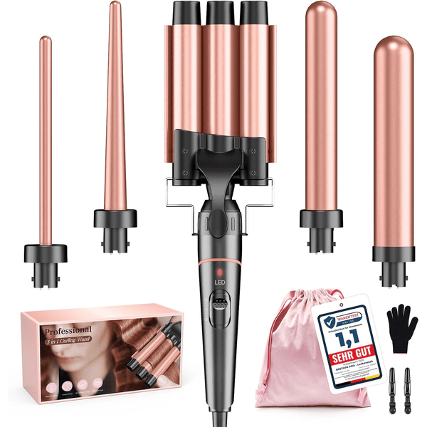 BESTOPE Pro fer à boucler 5en1 3 barils céramique boucles ondulations chauffe rapide 2 températures gant 2 pinces anti-frisottis