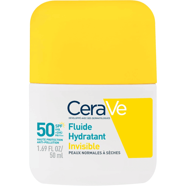 CeraVe Fluide invisible hydratant SPF50 visage haute protection solaire peaux normales à sèches hydratation 24h fini invisible