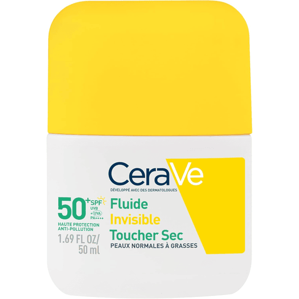 CeraVe Fluide invisible toucher sec SPF50+ peaux mixtes à grasses matifiant 12h sans traces blanches base maquillage niacinamide