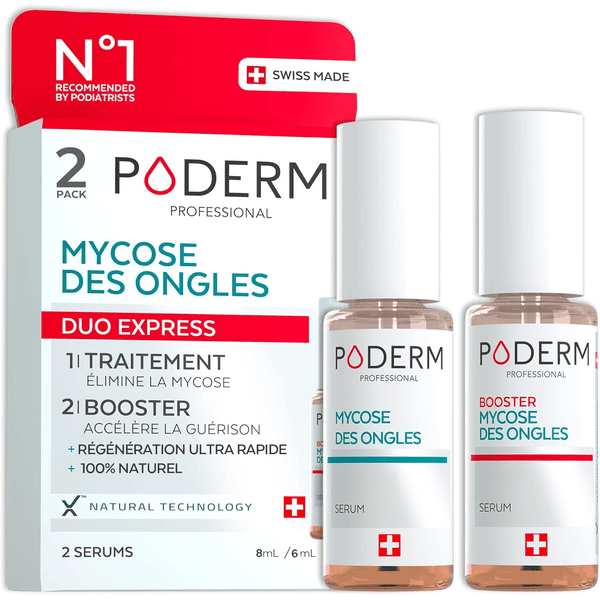Poderm 2en1 traitement mycose ongles pieds pack duo sérum booster soin puissant rapide ongles jaunes cassants abîmés 100 pourcent naturel