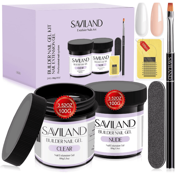 Saviland gel construction ongle UV kit 2x100g dur gel clair nudes ongles professionnel builder 100 chablon pinceau lime extension