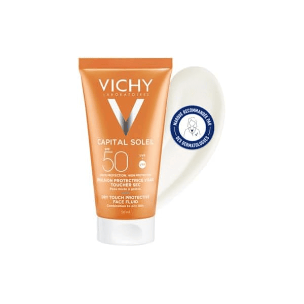 Vichy Capital Soleil émulsion toucher sec SPF50 crème matifiante haute protection eau volcanique peaux mixtes à grasses