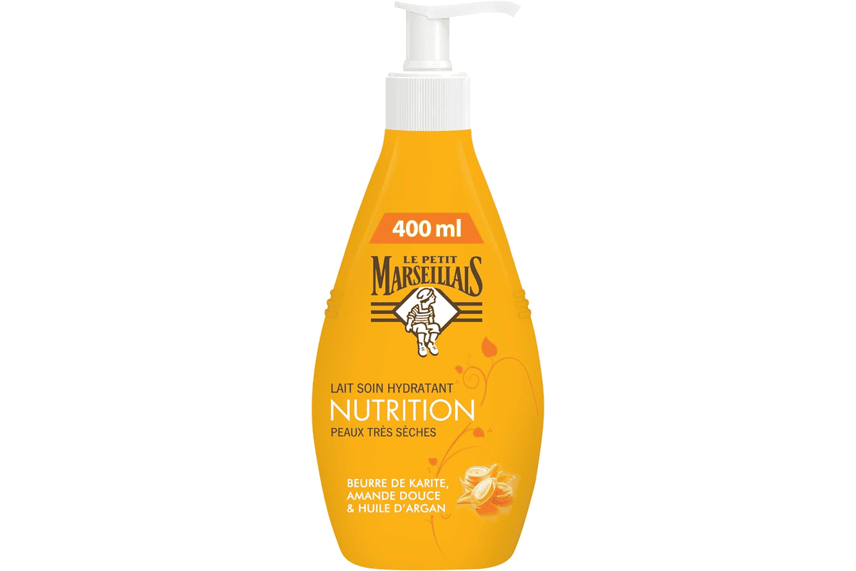 Le Petit Marseillais Lait Corps Hydratant Nutrition Karité Amande Douce Argan 400ml peau sèche très sèche