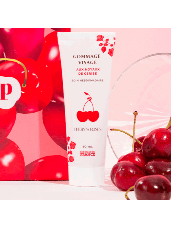 Cherry's Roses gommage visage hebdomadaire noyaux de cerise tube blanc rouge cerises made in France 40 ml