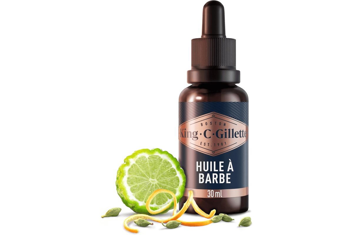 King C Gillette Huile Barbe Homme 30 ml accessoire soin visage formule légère hydratante adoucissante parfum bois de cèdre bergamote