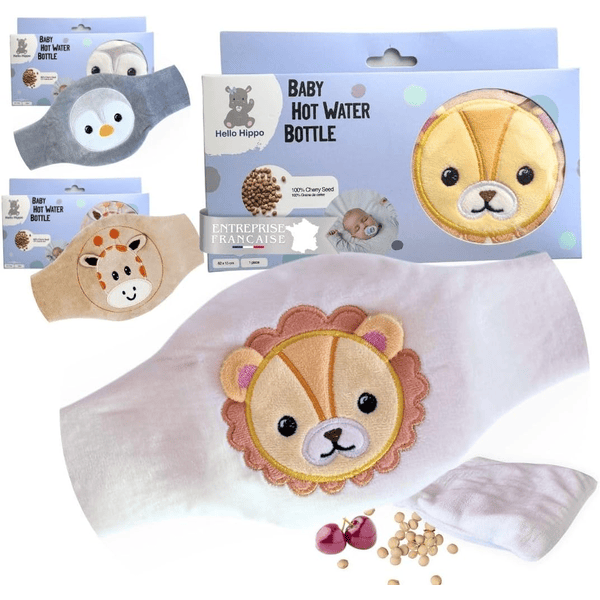 Hello Hippo bouillotte noyaux cerise bébé ceinture chauffante sèche anti colique nourrisson micro ondes four hypoallergénique lavable lion