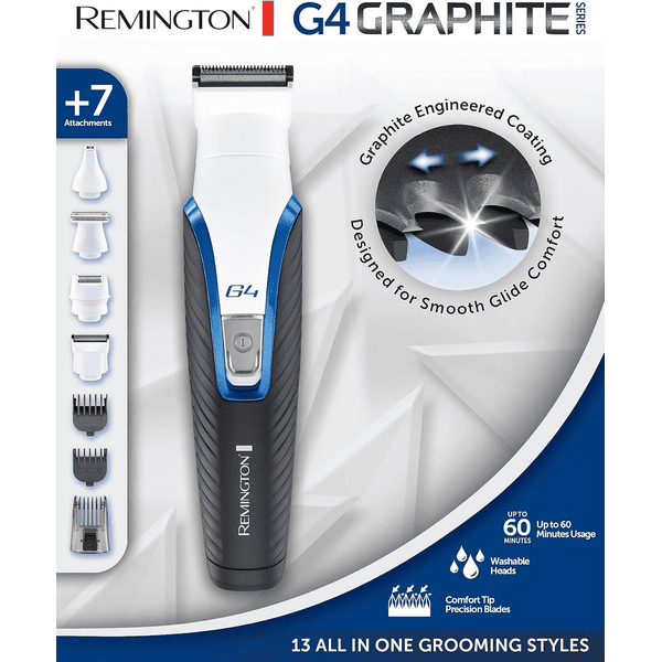 Remington tondeuse barbe multifonction cheveux visage corps Graphite Series G4 lames graphite précision 4 têtes interchangeables sabots ajustables 0.5-20mm secteur sans fil 90min