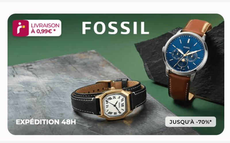 Vente privée Fossil Showroomprivé montres homme femme bleues cuir marron -70% expédition 48h juin 2026