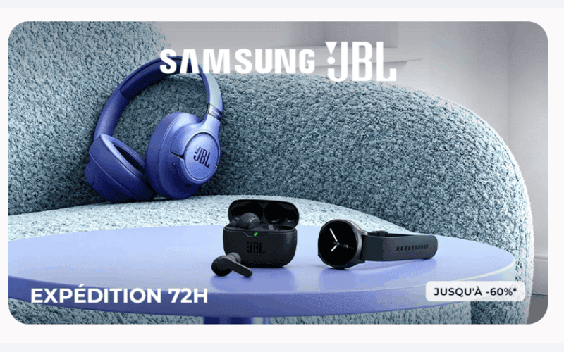 Vente privée Samsung JBL Showroomprivé casque bluetooth écouteurs sans fil bleu noir -40% expédition 72h juin 2026