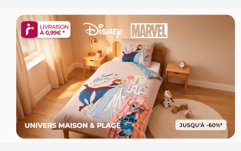 Vente privée Disney Marvel Showroomprivé univers maison plage parures de lit enfants Stitch Avengers serviettes plage -60% juin 2026