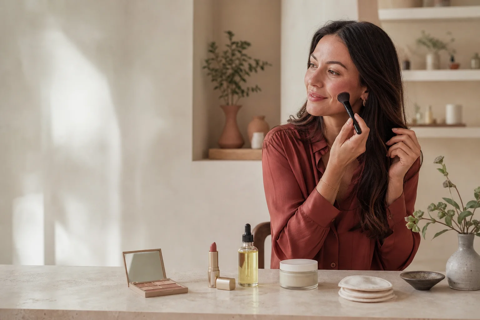 Testeuse découvrant du maquillage et des soins naturels pour un programme ambassadrice beauté bio