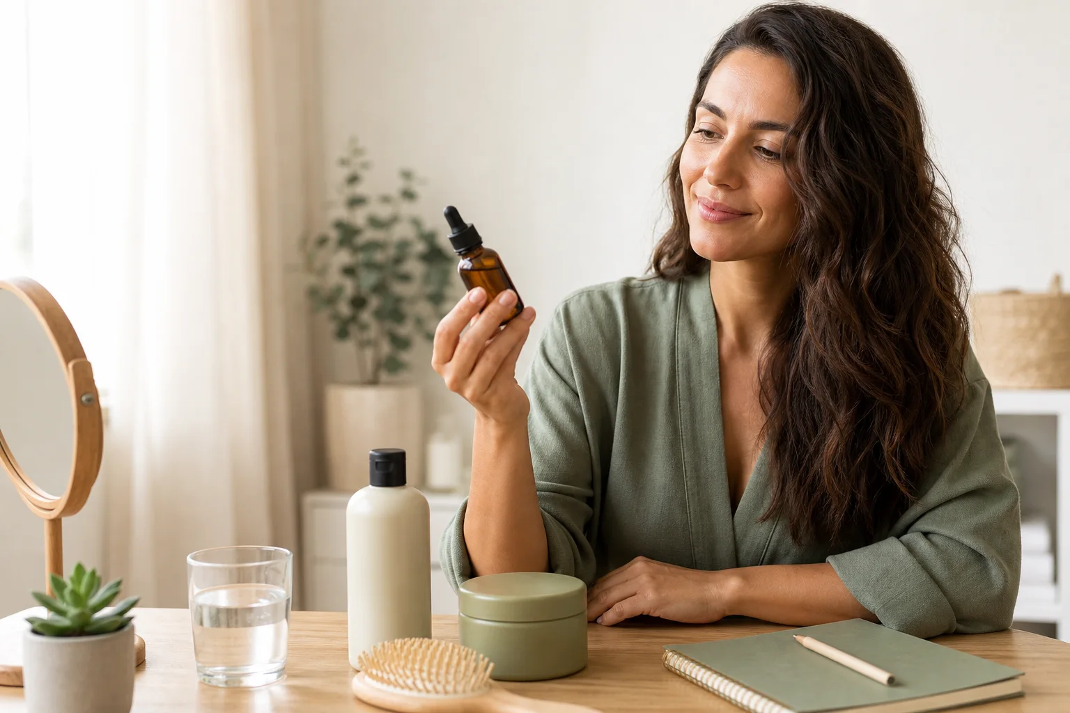 Testeuse comparant des soins capillaires et produits de bien-être dans le cadre d'un programme ambassadeur