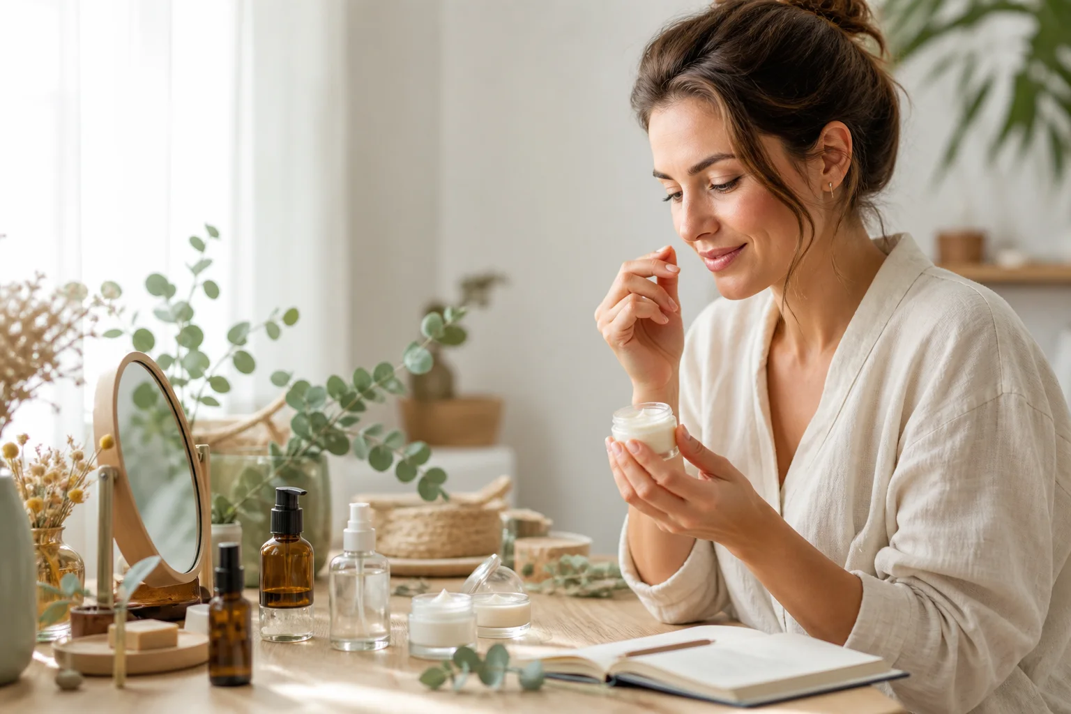 Testeuse découvrant des cosmétiques bio et naturels dans le cadre d'un programme ambassadeur
