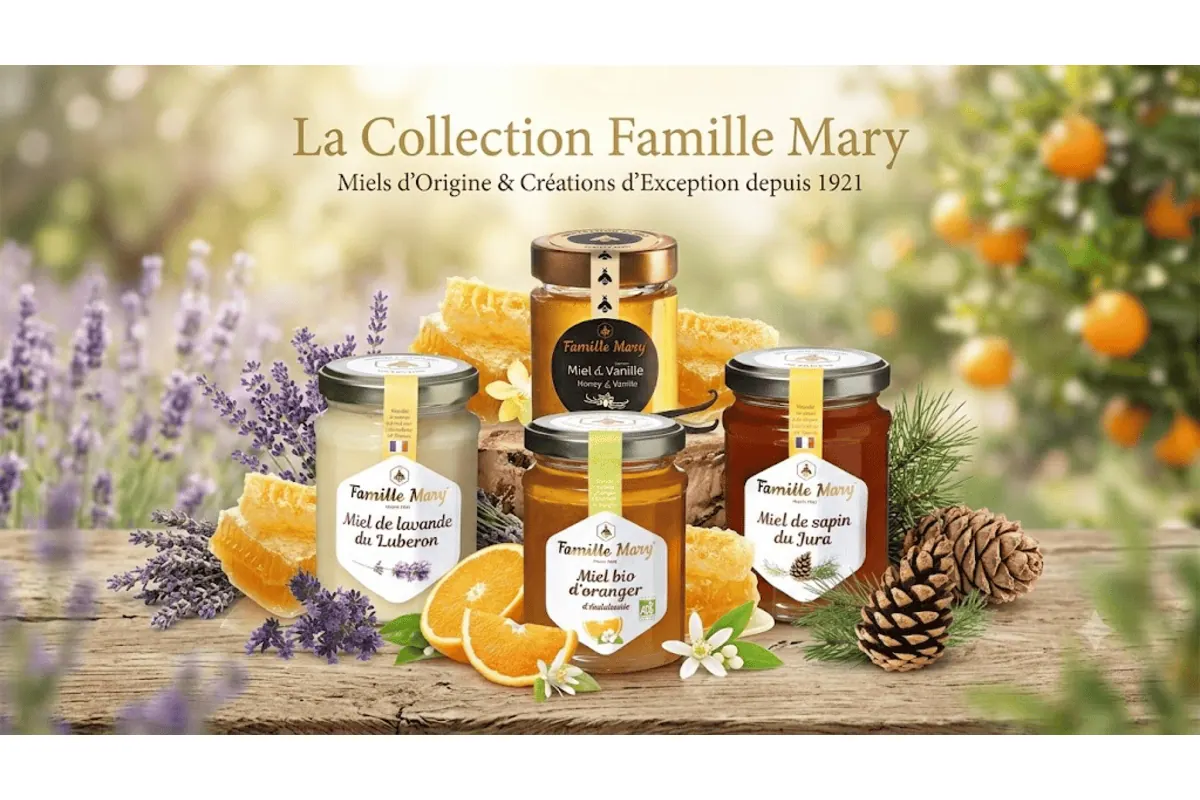 Promotions Famille Mary : pots de miel de lavande du Luberon, miel bio d'oranger, miel de sapin du Jura et miel à la vanille sur planche bois
