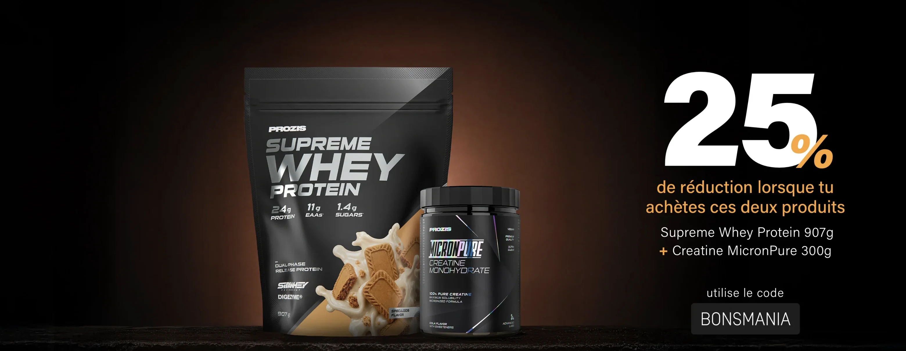 Offre Prozis moins 25 pour cent sur Supreme Whey Protein 907 g et créatine MicronPure 300 g