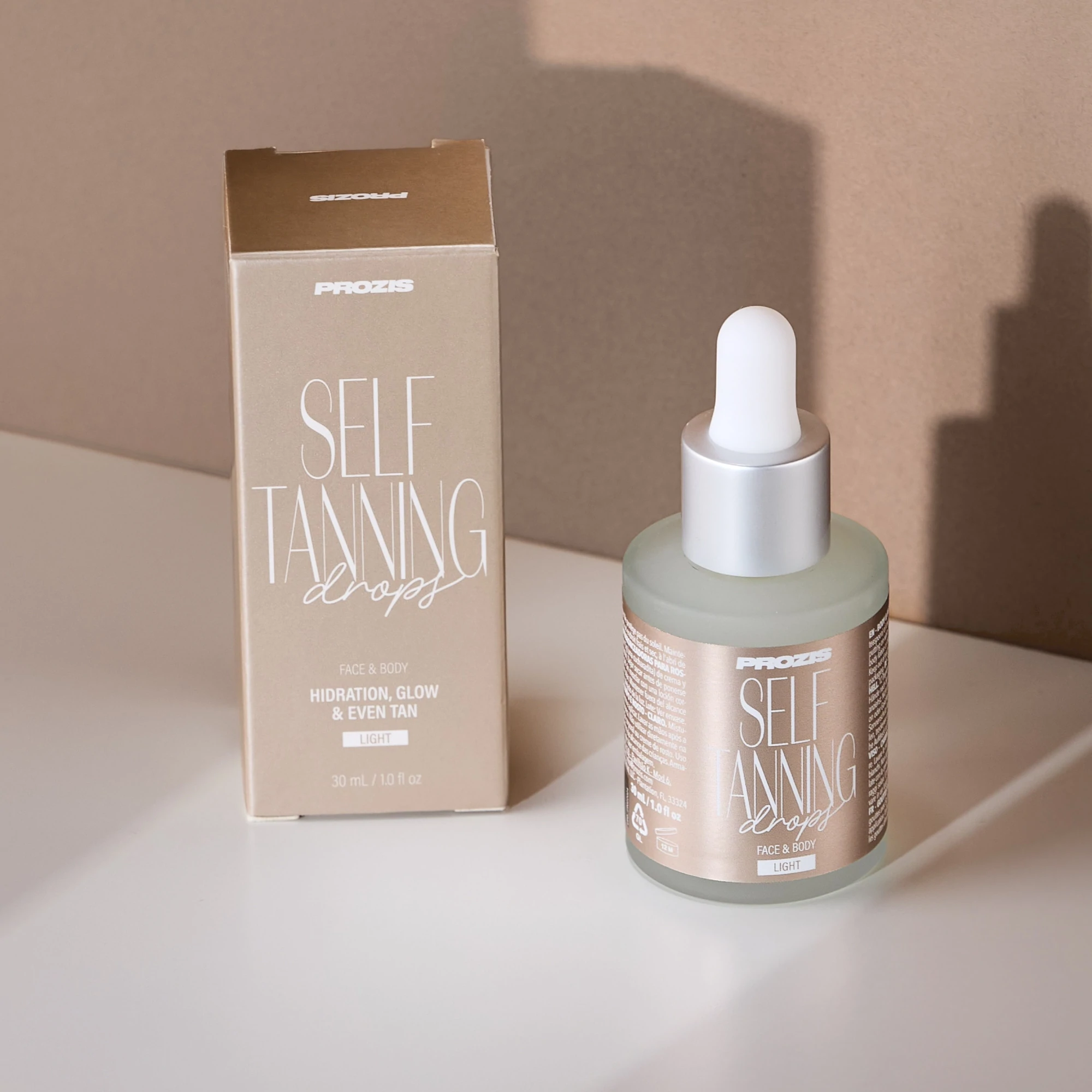 Flacon de gouttes autobronzantes visage et corps Prozis teinte claire 30 ml
