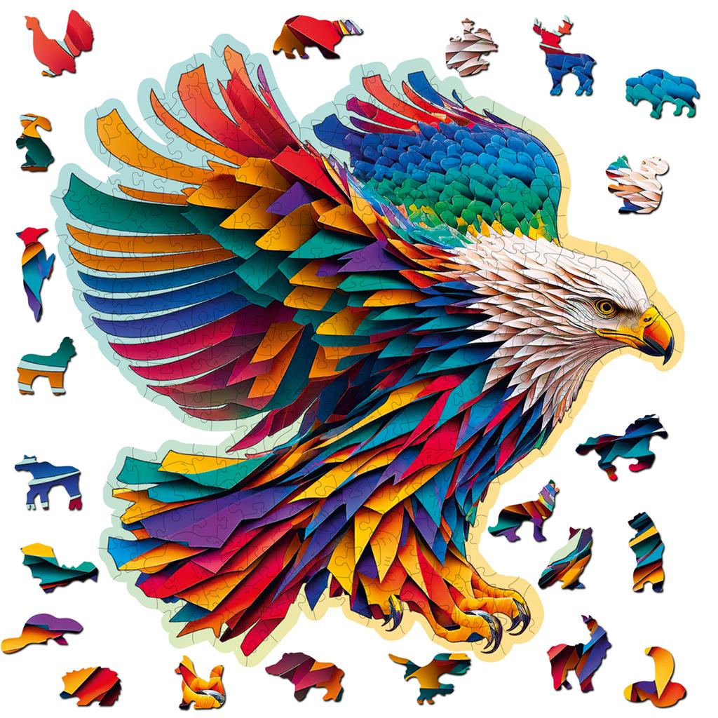 Puzzle multicolore en forme d’aigle en vol, entouré de pièces découpées en animaux