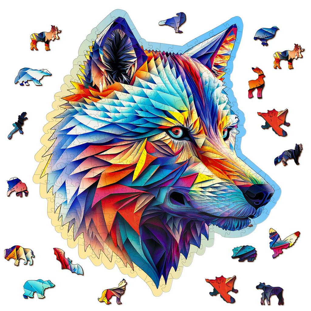 Puzzle en bois multicolore Loup élégant, entouré de petites pièces en forme d’animaux