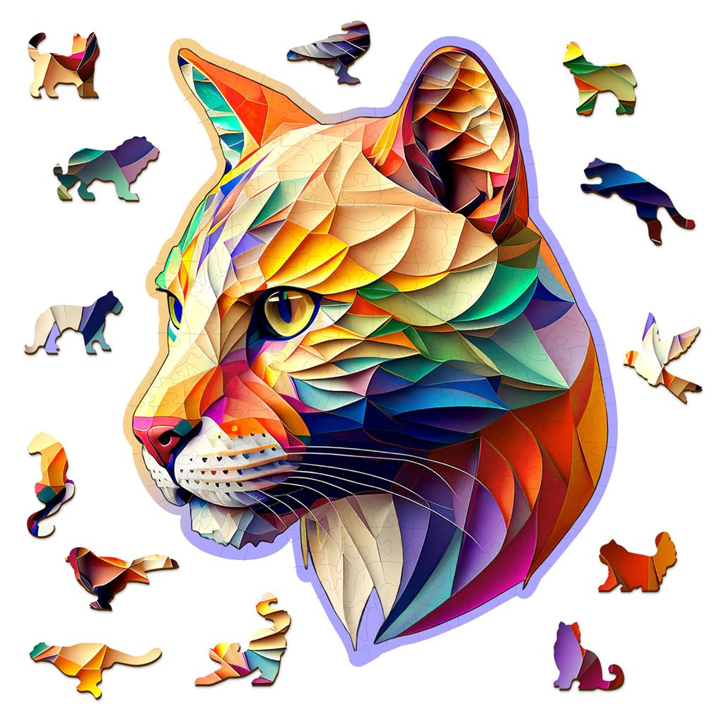 Puzzle en bois multicolore Puma chatoyant, entouré de petites pièces en forme d’animaux