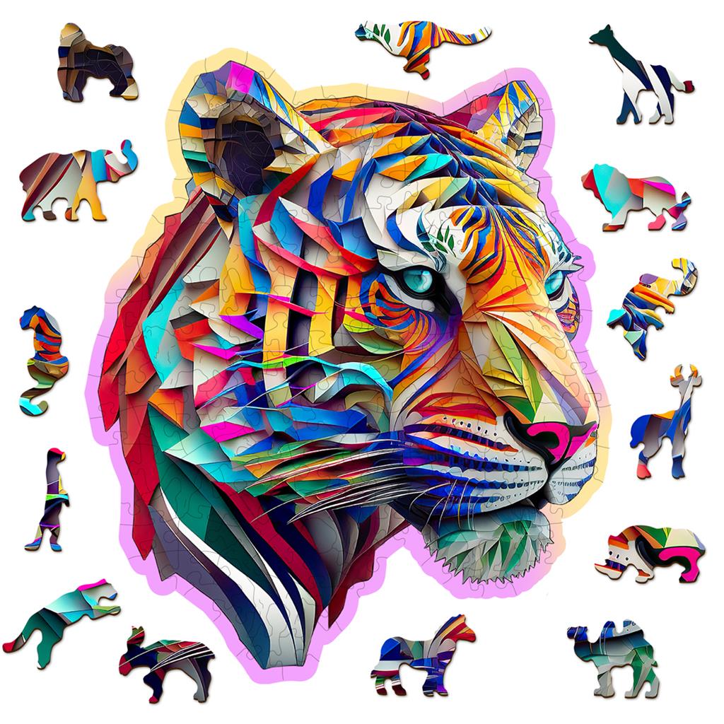Puzzle en bois multicolore Tigre coloré, entouré de petites pièces en forme d’animaux