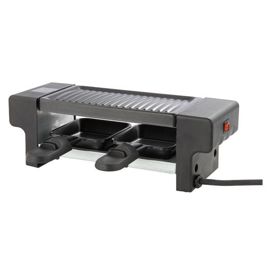 Raclette HIGH ONE compacte avec plaque gril, deux poêlons noirs et interrupteur latéral