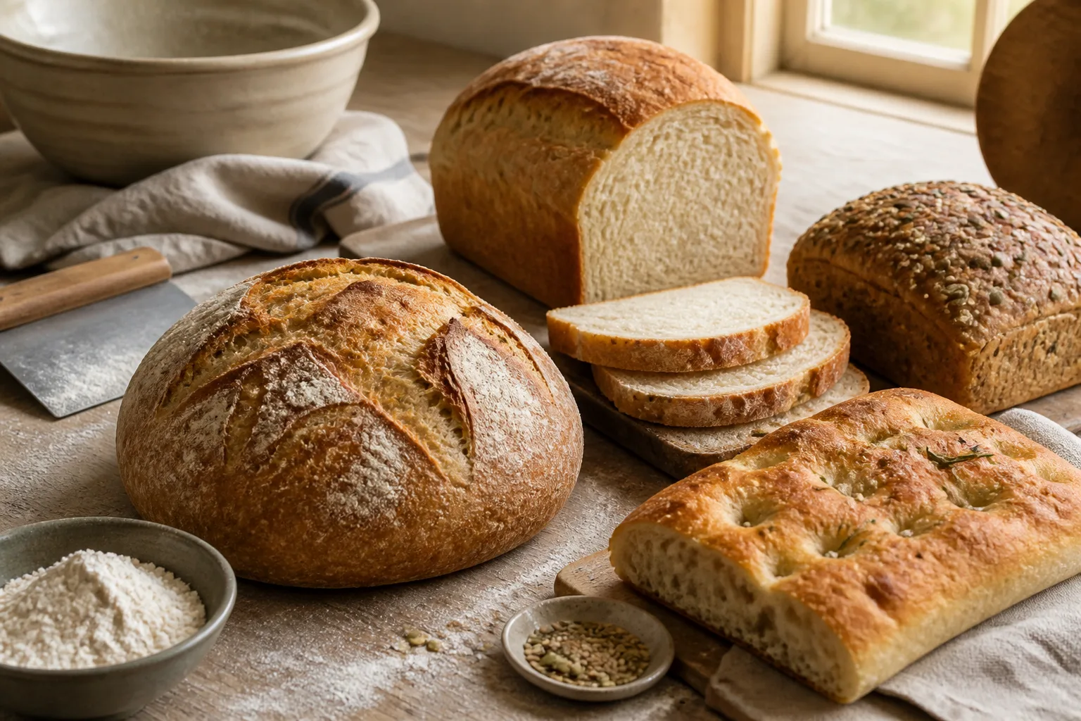 Pains maison sans machine avec pain classique, pain de mie, céréales et focaccia