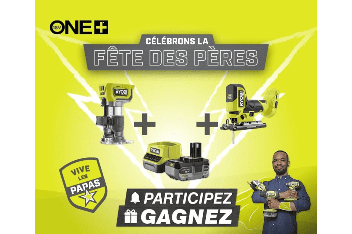 Concours Ryobi Fête des Pères 2026 : pack outils ONE+ HP scie sauteuse pendulaire Brushless affleureuse à bois pack chargeur et batterie Lithium+ 18V