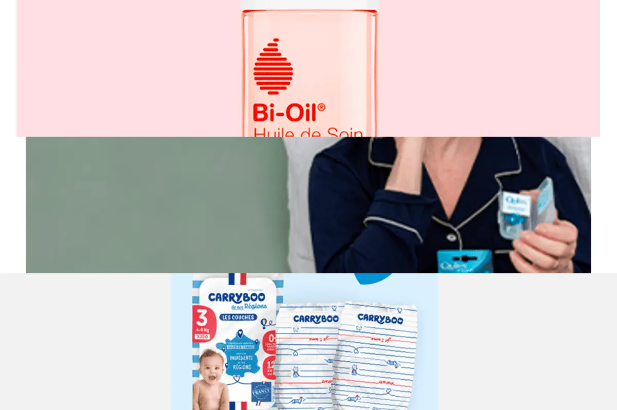 Trois produits passés en test gratuit via Sampleo : huile de soin Bi-Oil, protections auditives Quies et couches Carryboo