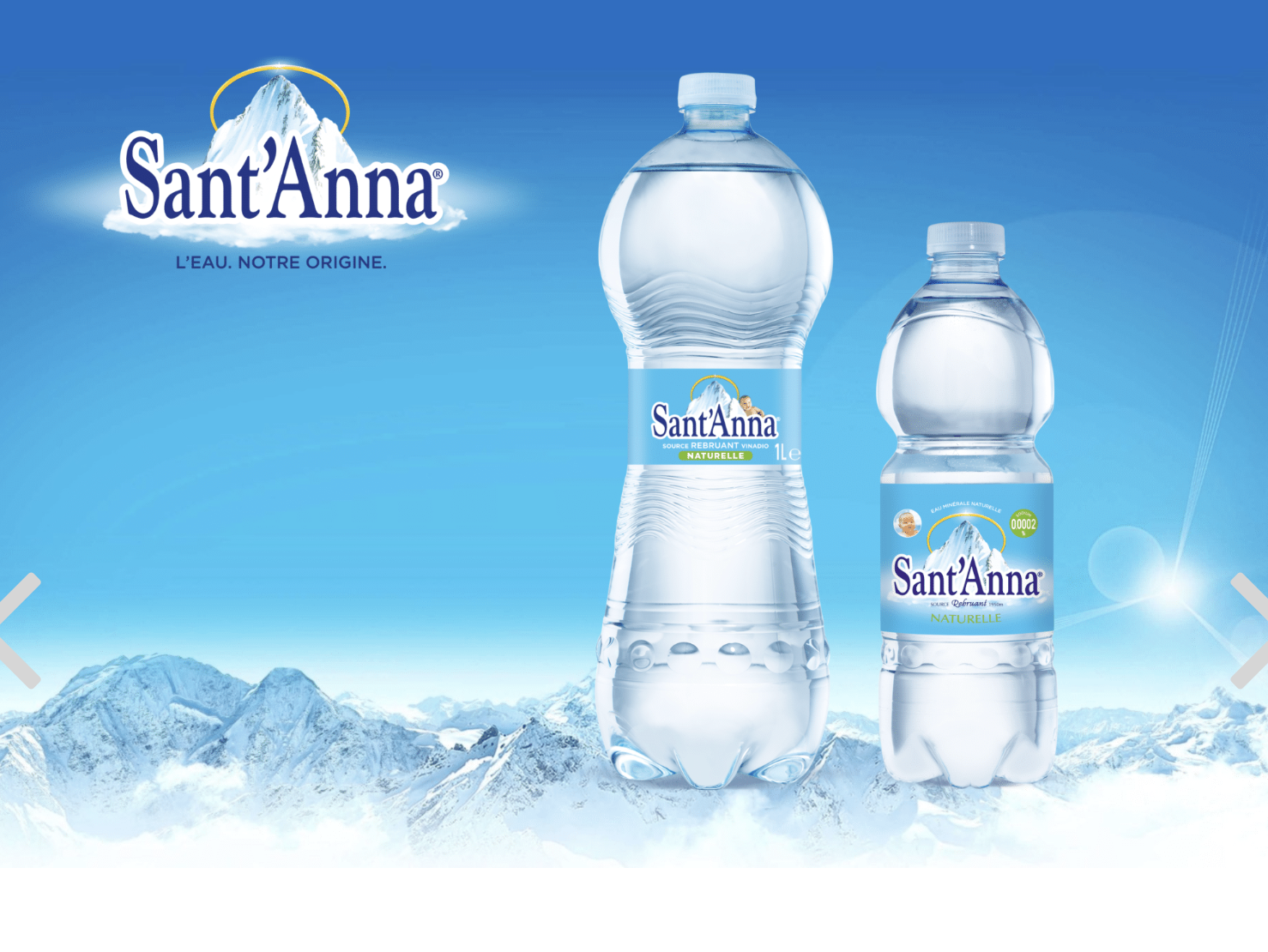 Eau minérale naturelle Sant'Anna bouteilles 1L et 0.5L des Alpes italiennes