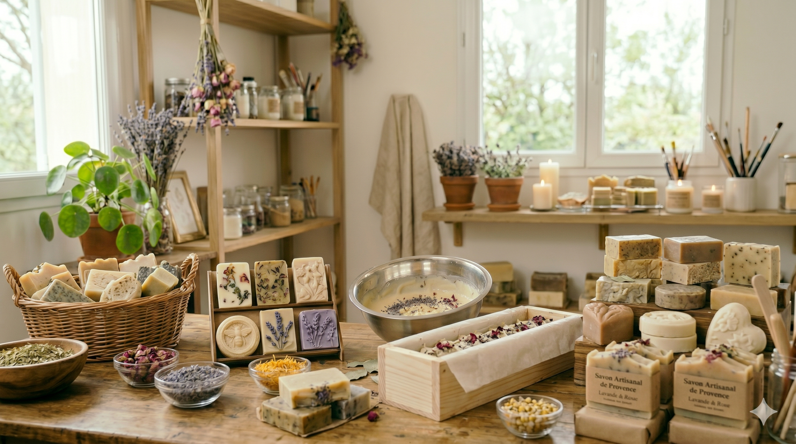 Collection de savons maison artisanaux sur étagère avec herbes séchées ambiance atelier
