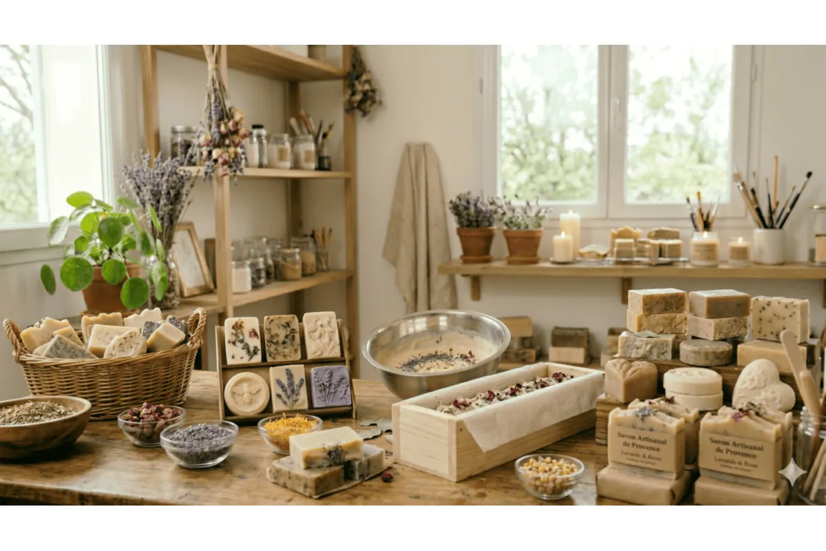 Collection de savons maison artisanaux sur étagère avec herbes séchées ambiance atelier