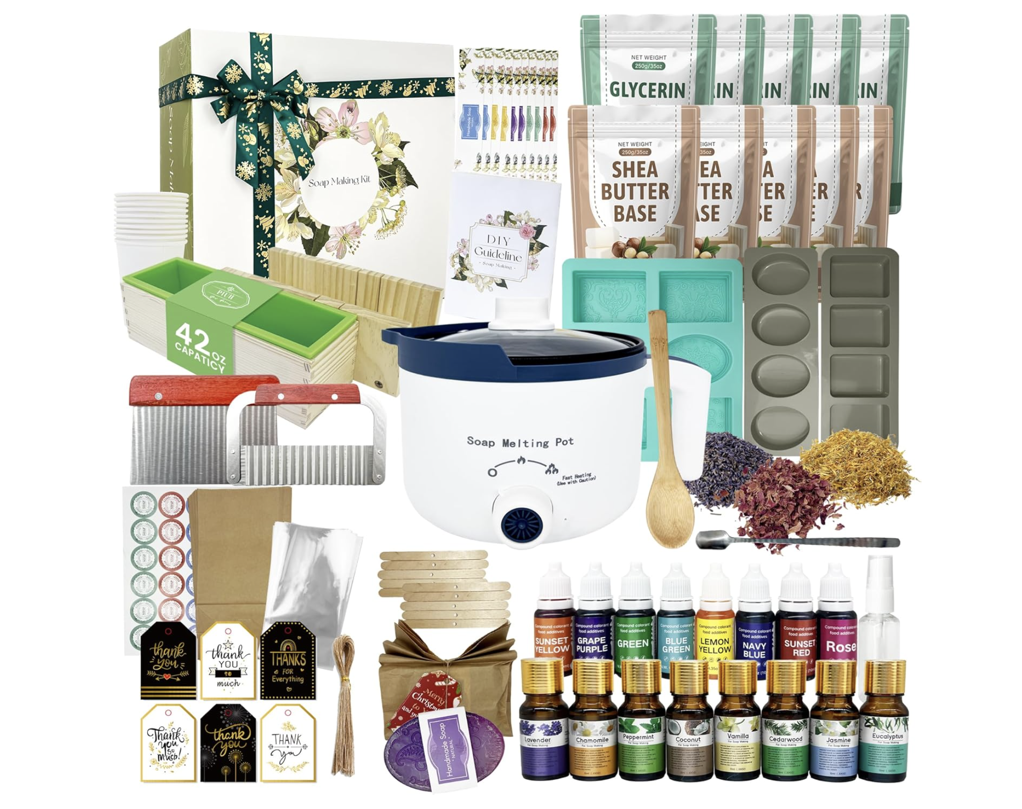 Kit complet DIY savon maison avec base Melt & Pour, glycérine, karité, moules silicone, colorants, fragrances, pot de fonte