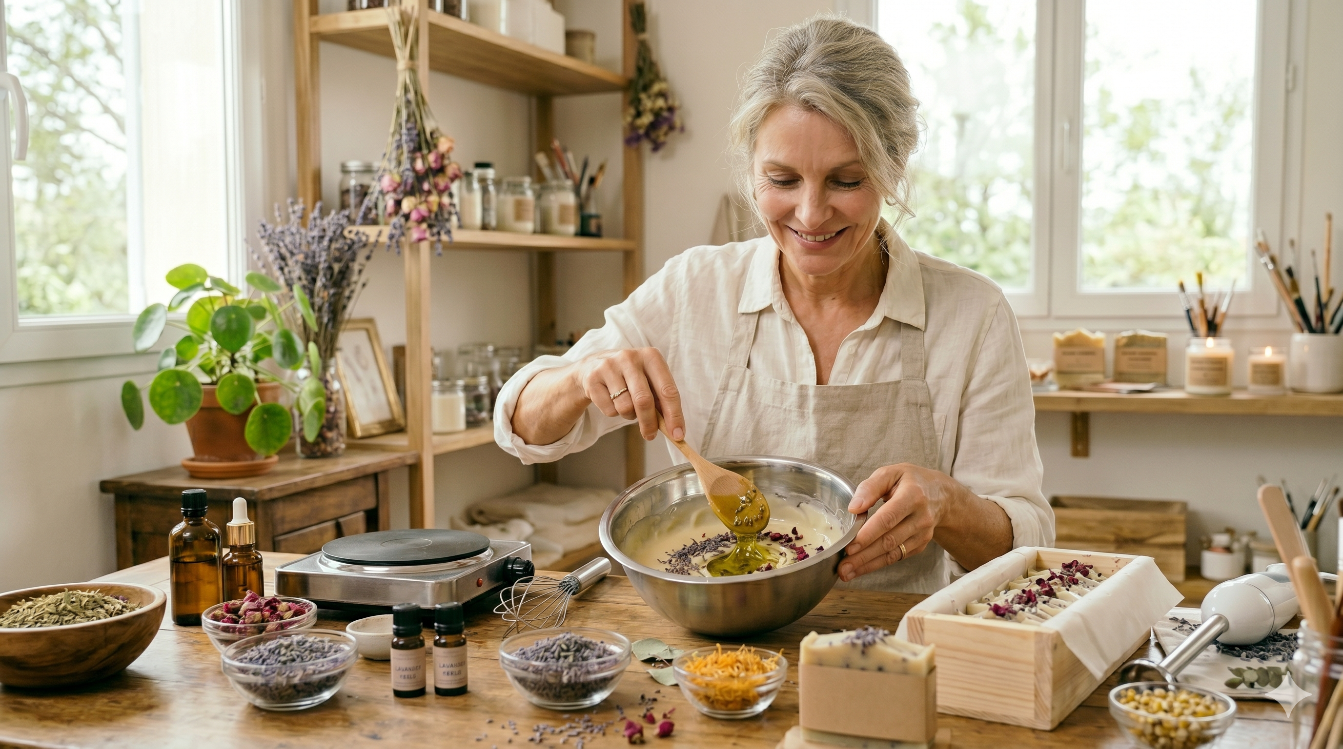 Femme fabricant des savons maison DIY dans atelier avec huiles végétales argiles fleurs séchées