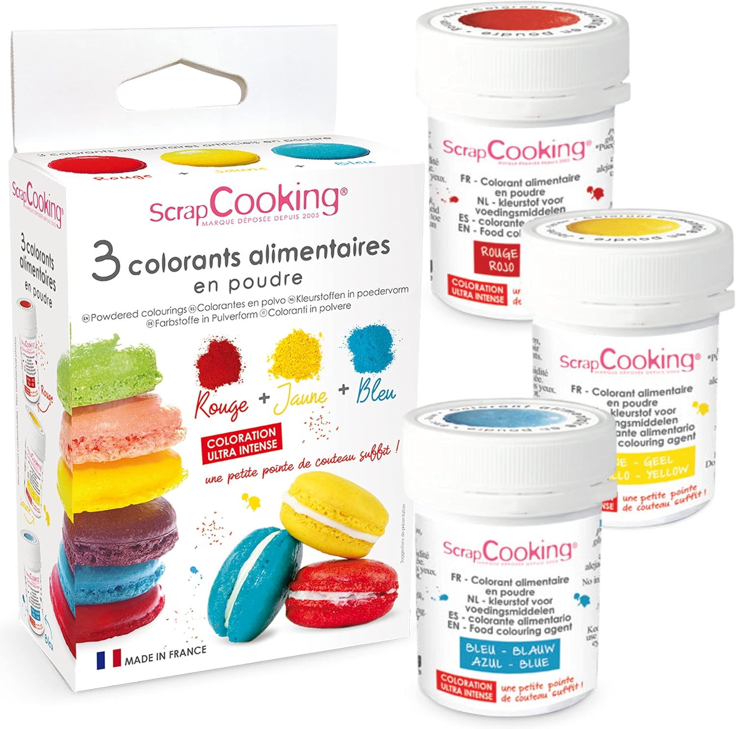 Coffret ScrapCooking de trois colorants alimentaires en poudre rouge jaune et bleu
