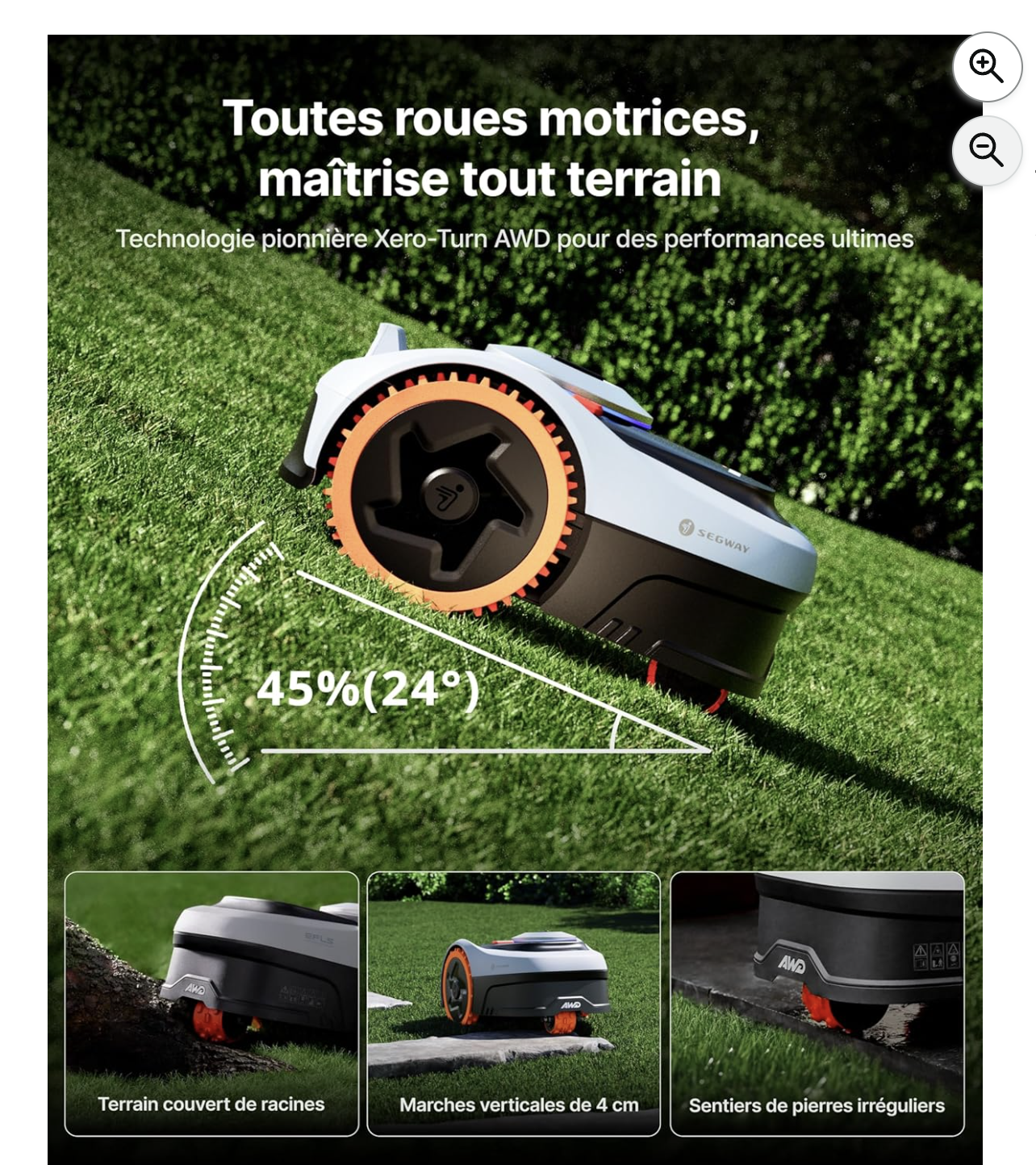 Navimow i205 AWD sur pente à 45% : toutes roues motrices, terrains couverts de racines, marches de 4 cm, sentiers irréguliers