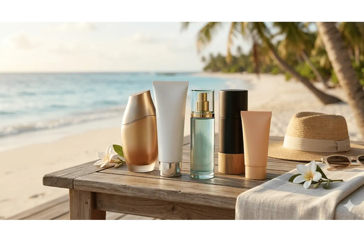 Flacons crèmes solaires sur table en bois plage palmier mer turquoise chapeau paille fleurs frangipanier