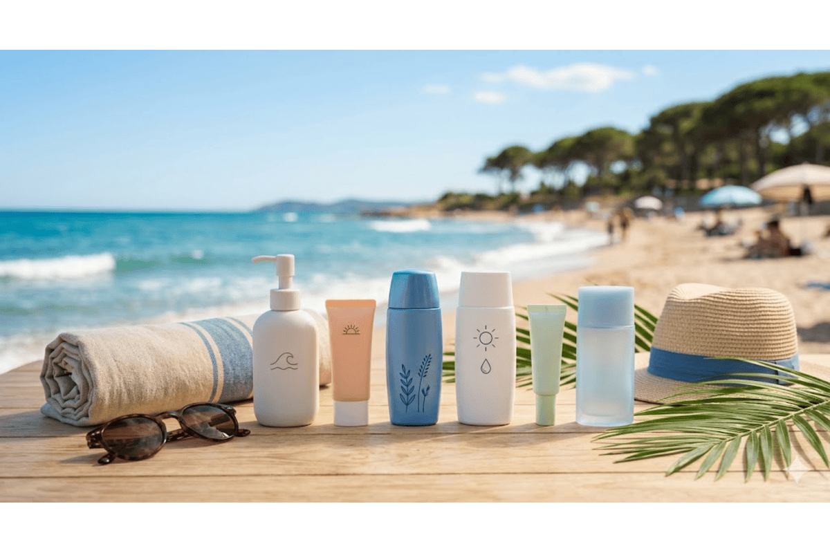 Flacons crèmes solaires alignés sur plage sable mer turquoise chapeau paille lunettes serviette palmier