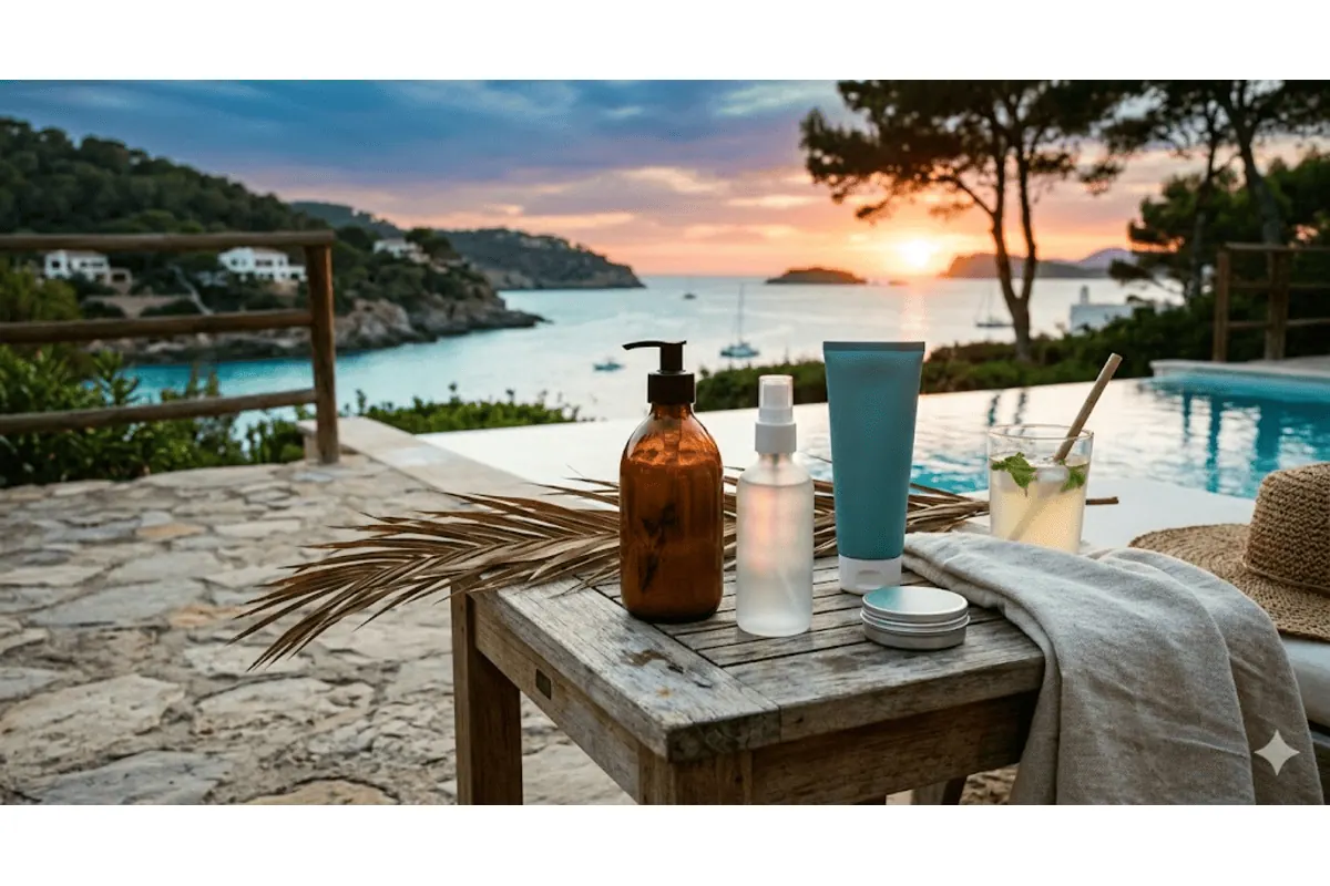 Flacons après-soleil bord de piscine coucher de soleil mer chapeau paille mojito ambiance vacances