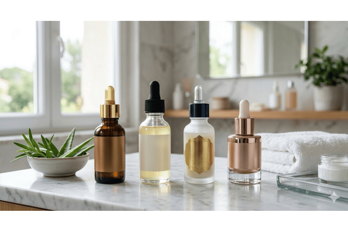 Quatre flacons sérum visage pipette ambre transparent doré rose salle de bain marbre plante aloe