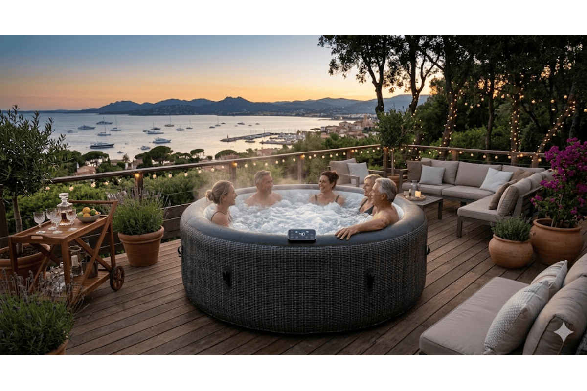 Spa gonflable rond gris terrasse bois vue mer baie coucher soleil guirlandes lumineuses canapé outdoor lavande