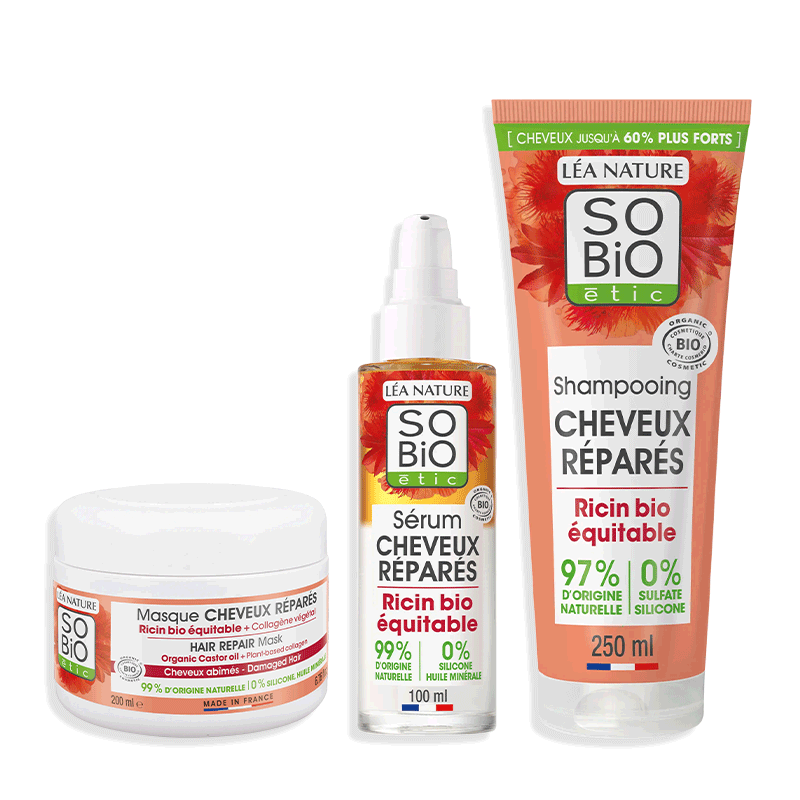 Routine SO'BiO étic Cheveux Réparés au ricin bio avec shampooing, masque et sérum biphasé