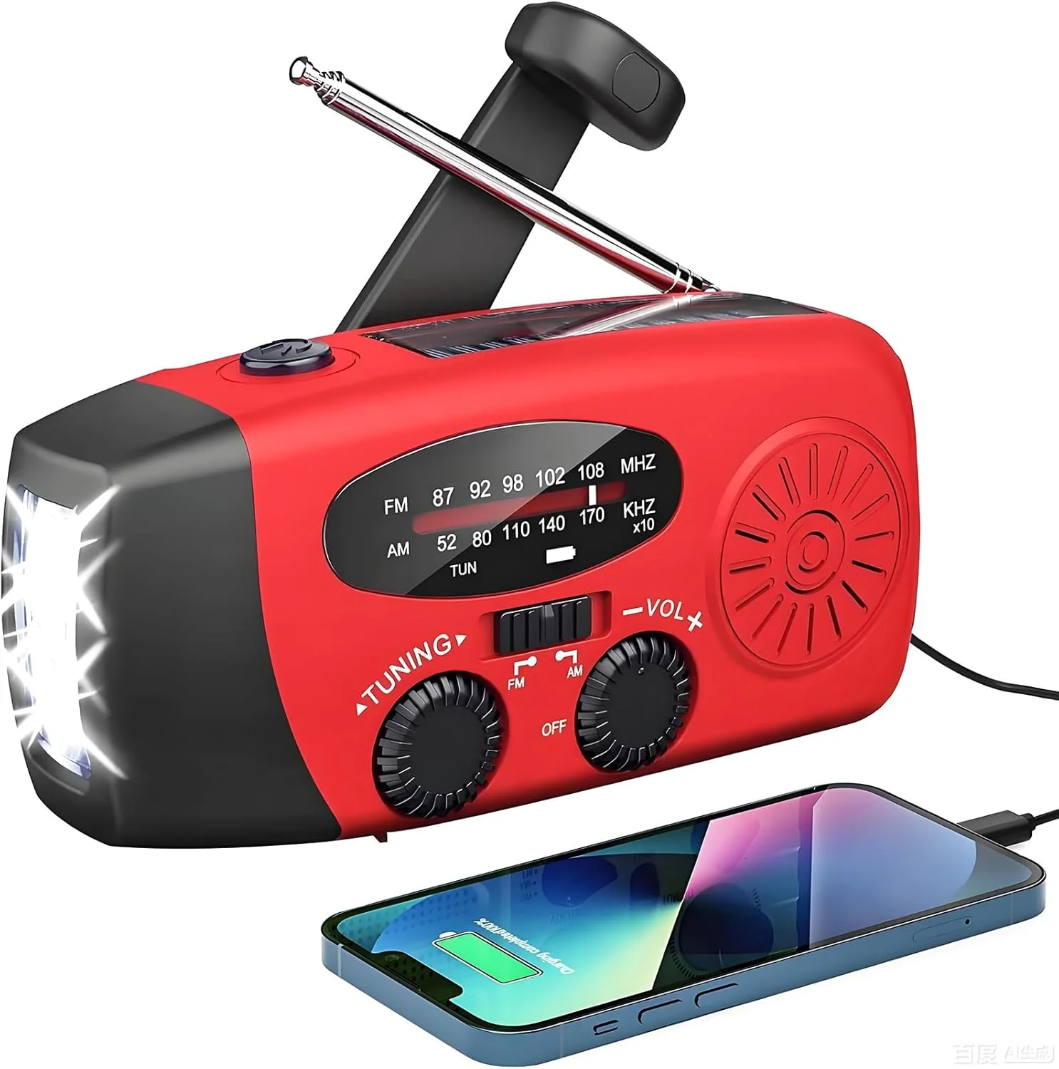 Radio d’urgence SOLARBABY rouge avec lampe LED, panneau solaire et manivelle