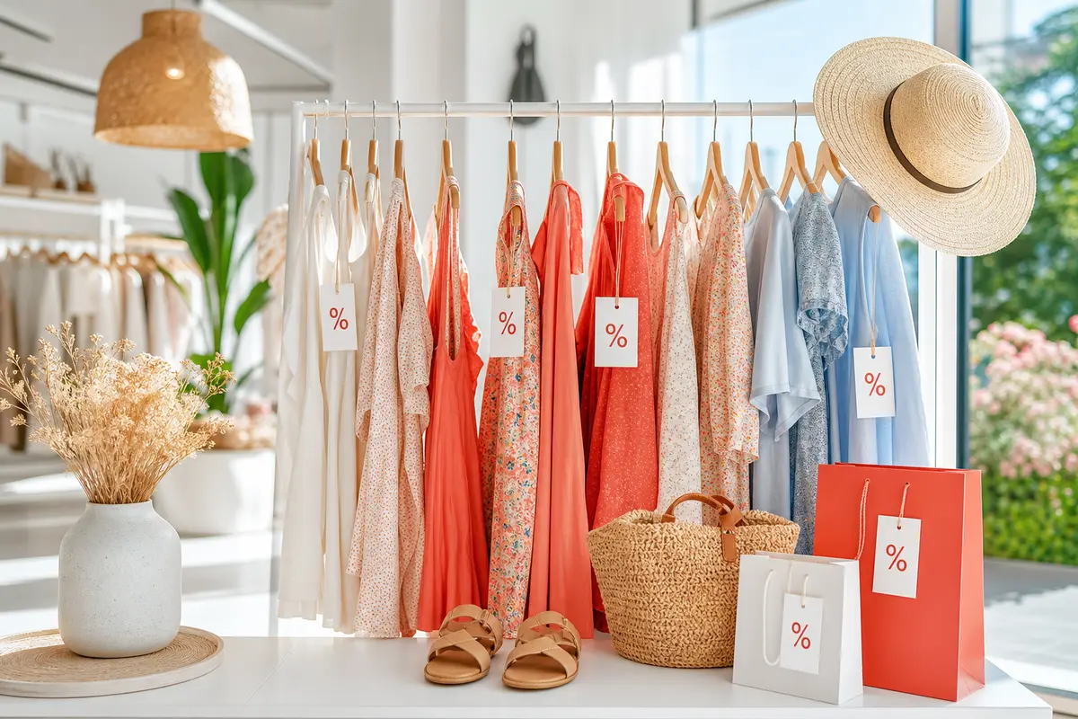 Portant de vêtements d'été avec étiquettes de réduction dans une boutique