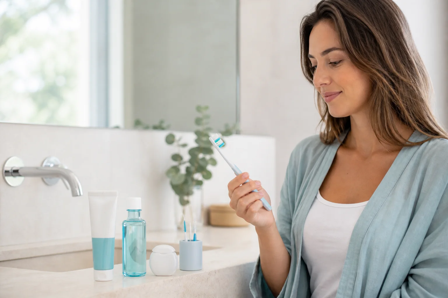 Testeuse découvrant une brosse à dents et des produits de soins bucco-dentaires