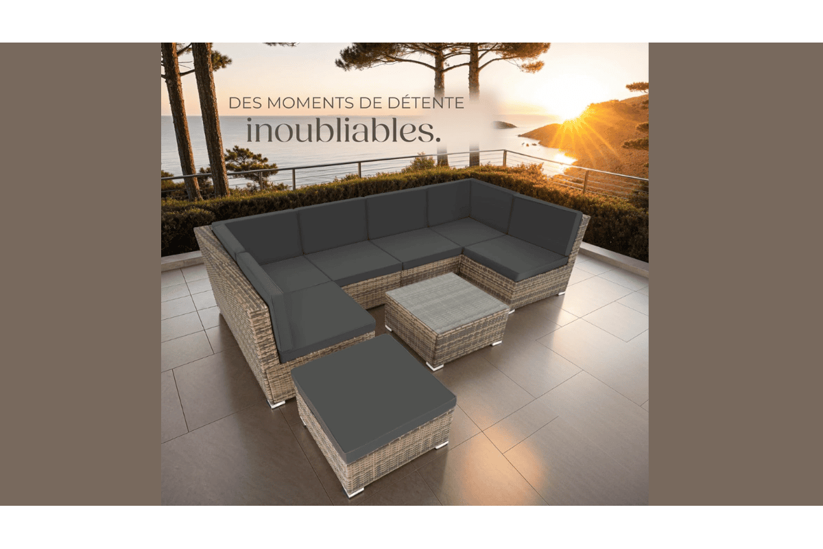 TecTake salon de jardin rotin modulable 6 places terrasse bois canapé d'angle gris fauteuils tabouret pouf table basse coucher de soleil panorama montagnes des moments de détente inoubliables