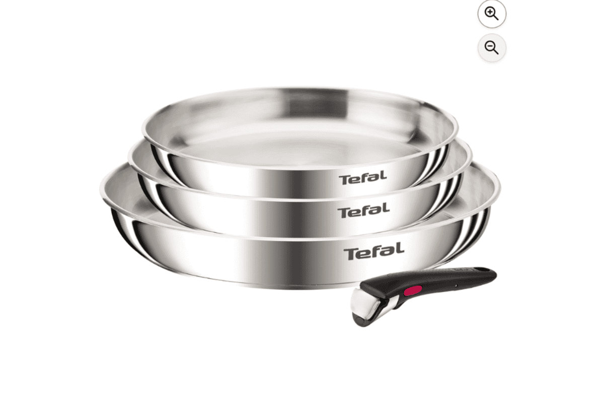 Tefal Ingenio Emotion batterie de cuisine à 60,99 € au lieu de 89,99 € sur Amazon (-32 %, -29 € d'économie) : 3 poêles en acier inoxydable de 22, 24 et 28 cm avec poignée amovible Ingenio, empilables pour un gain de place, compatibles tous feux y compris induction, garantie 10 ans