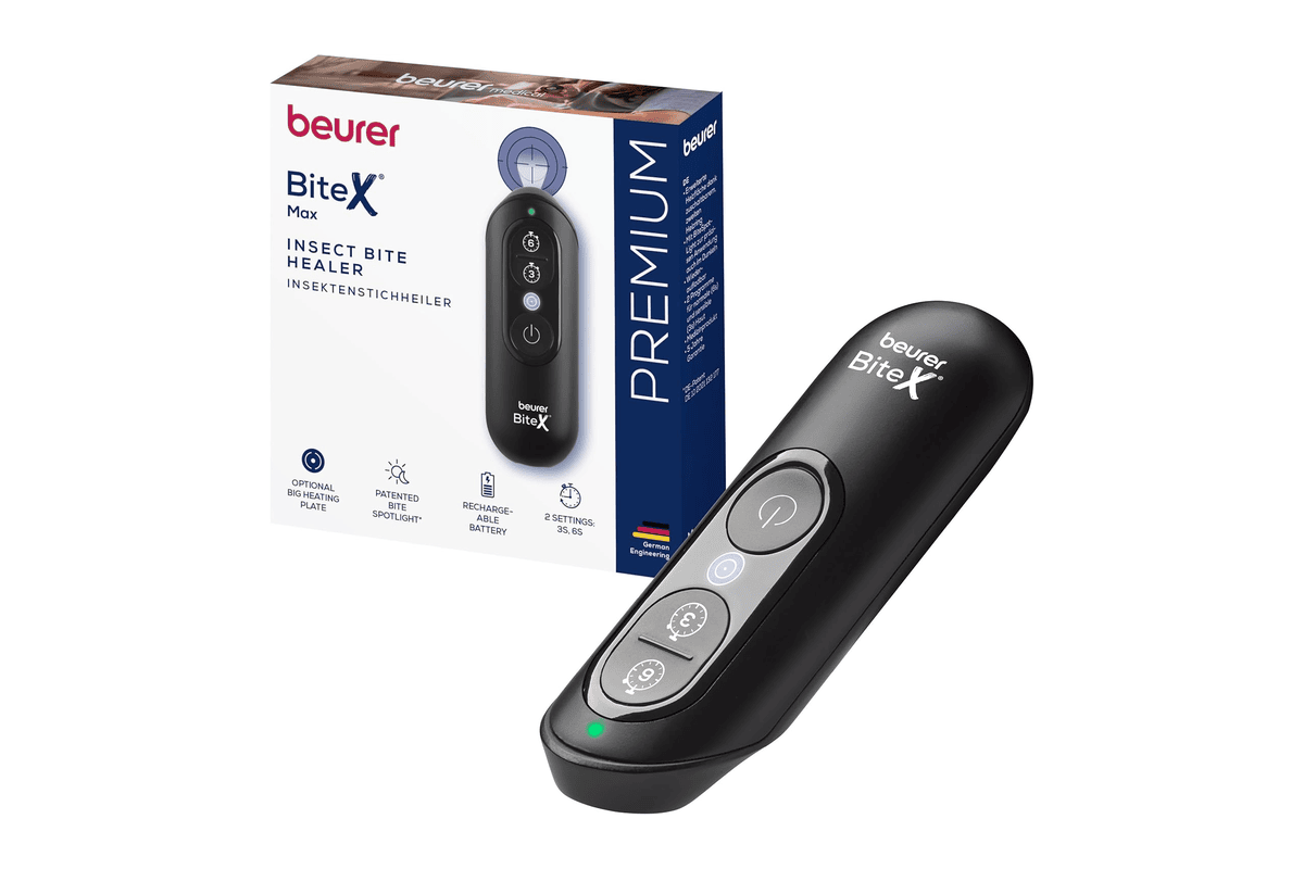 Beurer BiteX Max Deep Black stylo anti-moustique chauffant contre piqûre démangeaisons grande surface de chauffe lumière batterie rechargeable noir